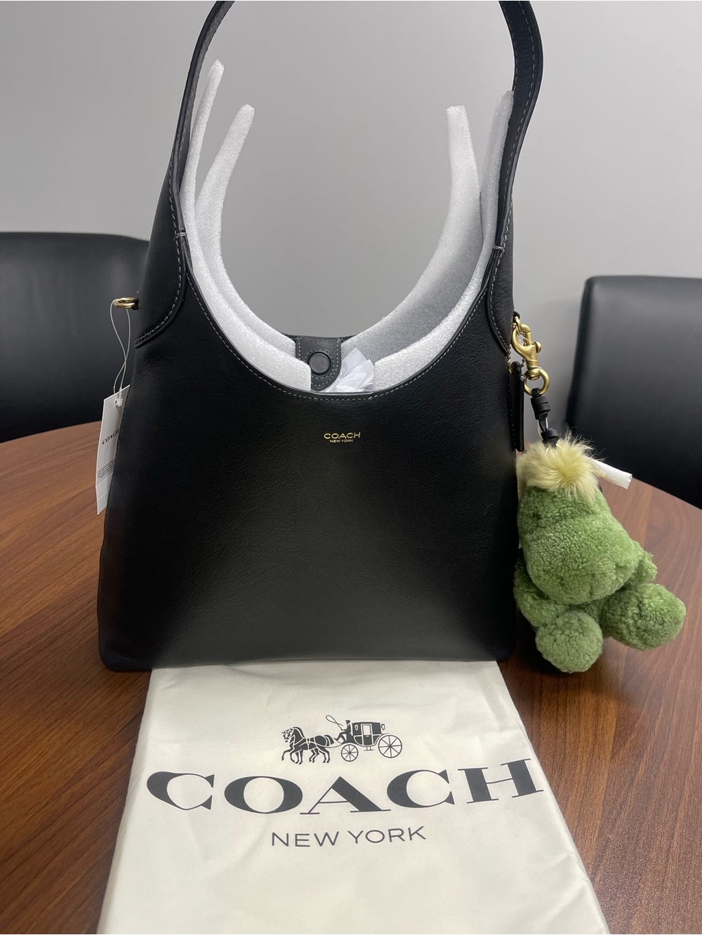 Coach Black Brooklyn 28 Leather Shoulder Bag with Green Plush Rexy Charm NWT